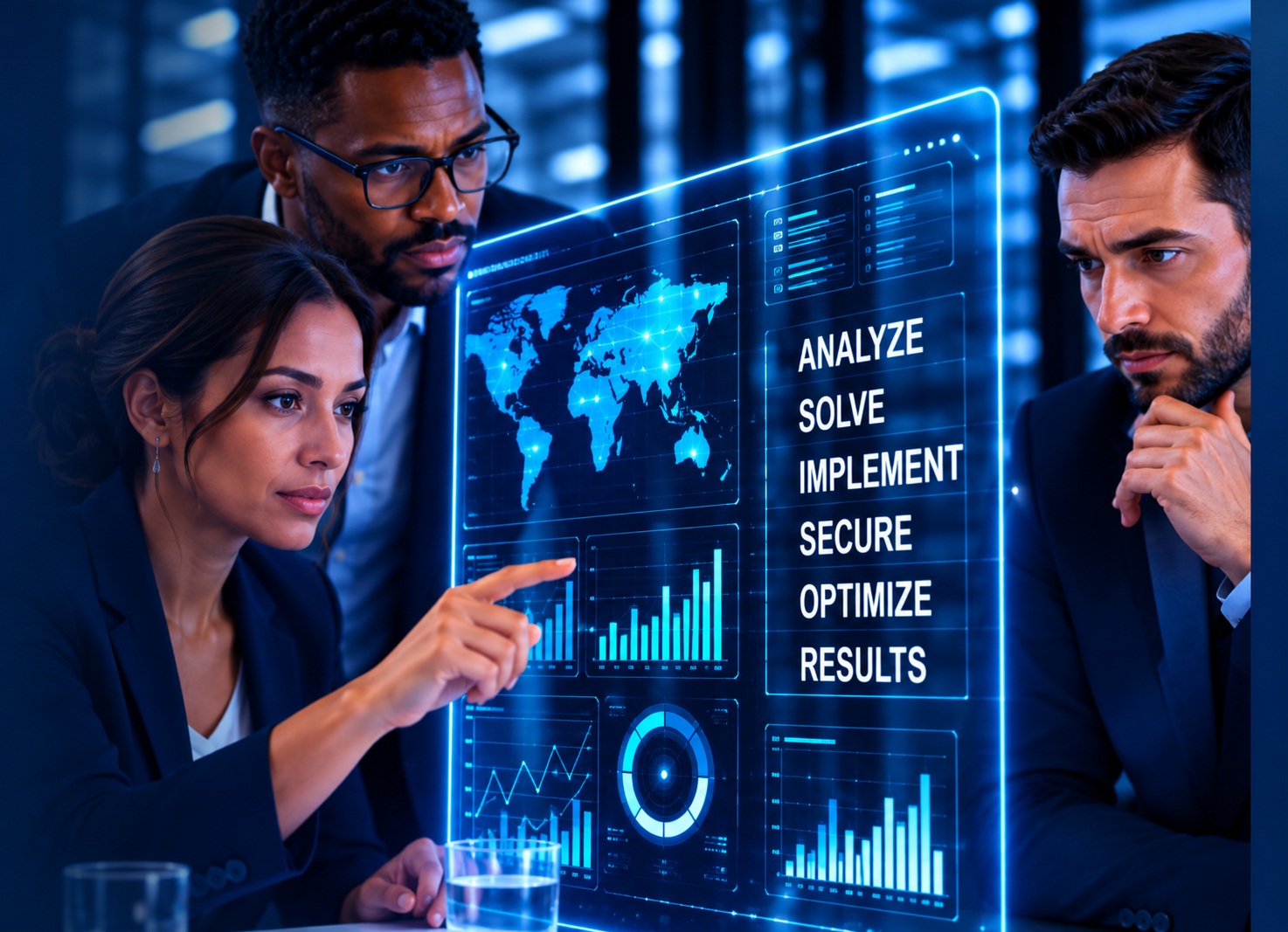 IT professionals collaborating around a transparent digital interface
